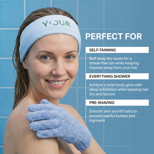 Spa Retreat Duo: Premium Headband & Exfoliating Gloves for Shower, Tanning, and Pre-Shave Care