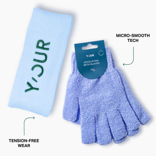 Spa Retreat Duo: Premium Headband & Exfoliating Gloves for Shower, Tanning, and Pre-Shave Care
